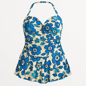 Always For Me Plus Size Halter Ruched Floral Retro Swimdress 16W Blue Vacation